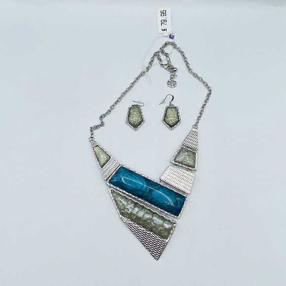 Ballet Brand Green Gray Silvertone Statement Necklace w/ Matching Earrings - Picture 1 of 5